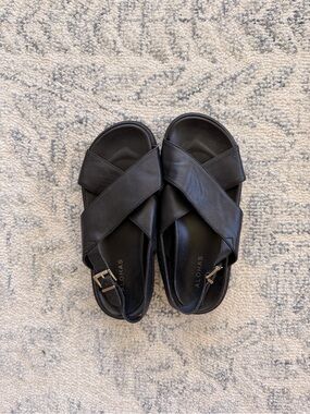 ALOHAS Black Crisscross Leather Sandals with Buckle
